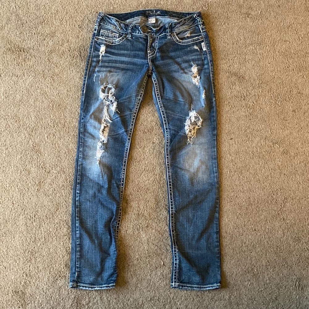 Silver straight leg distressed jeans